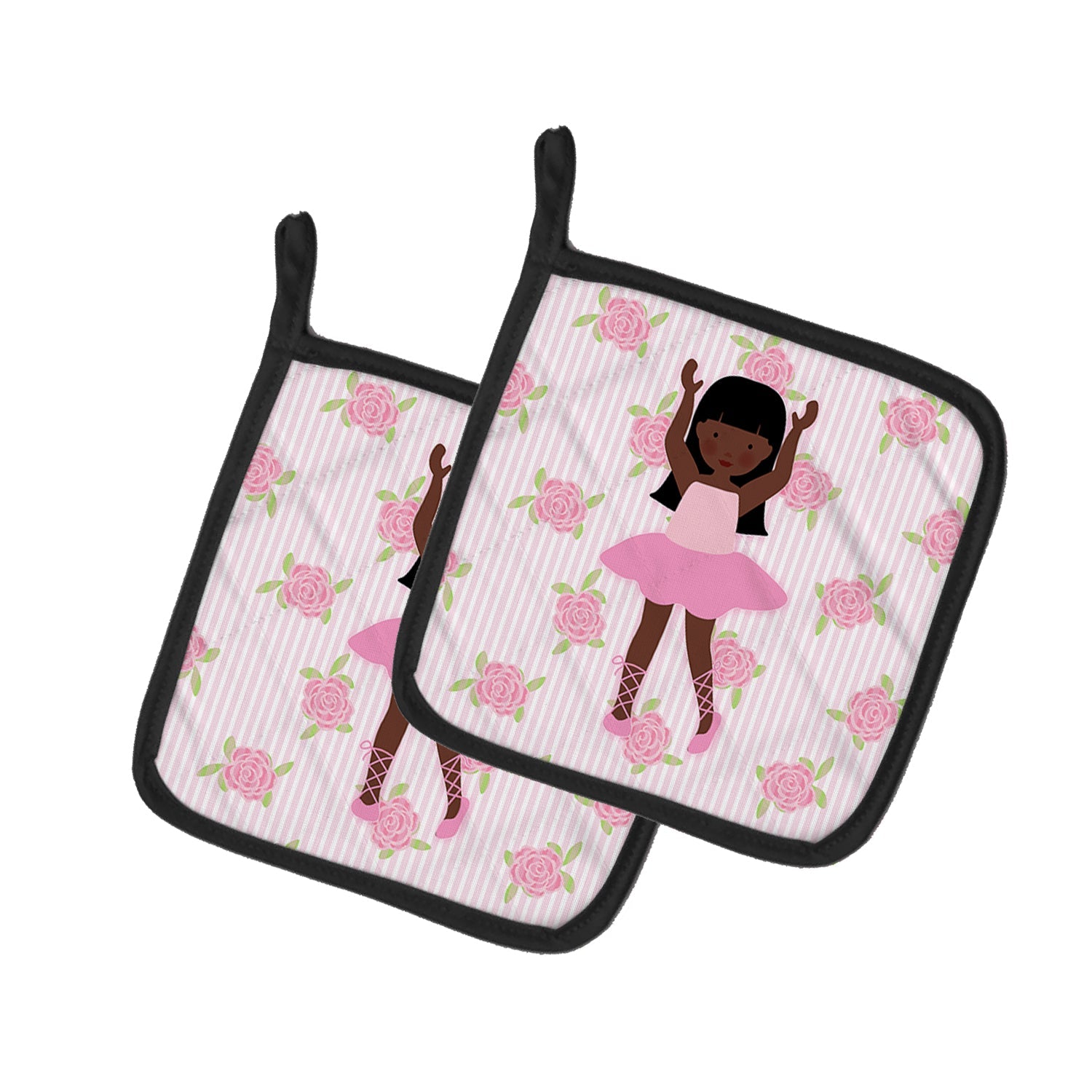 Ballerina African American Long Hair Pot Holder Set of 2 Heat Resistant Quilted Hot Pads 7.5 x 7.5 Inch, Insulated Kitchen Trivets for Cooking & Baking