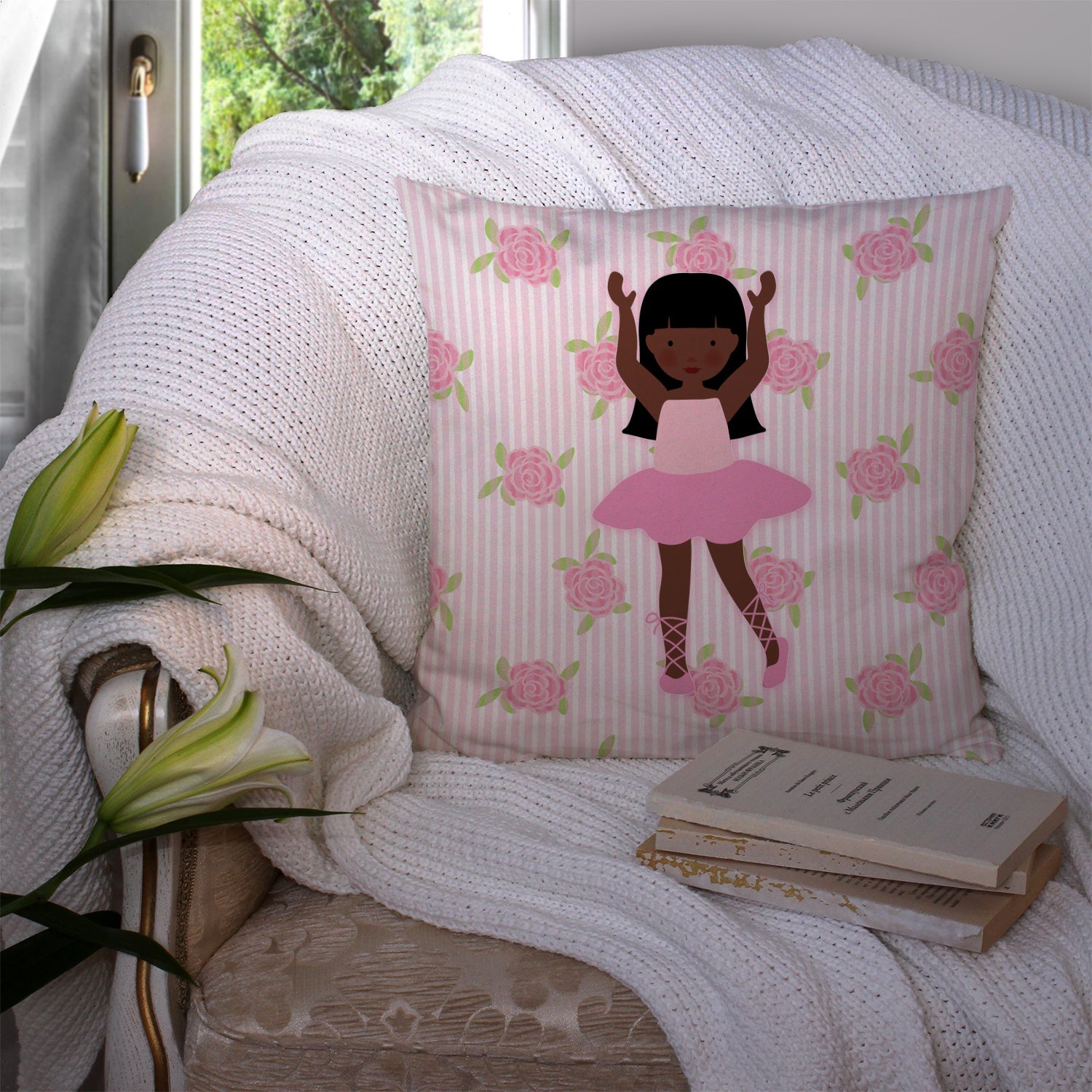 Ballerina African American Long Hair Decorative Throw Pillow 14x14 Indoor Outdoor Accent Cushion, Fabric Cover with Insert for Sofa, Bed, Porch & Living Room