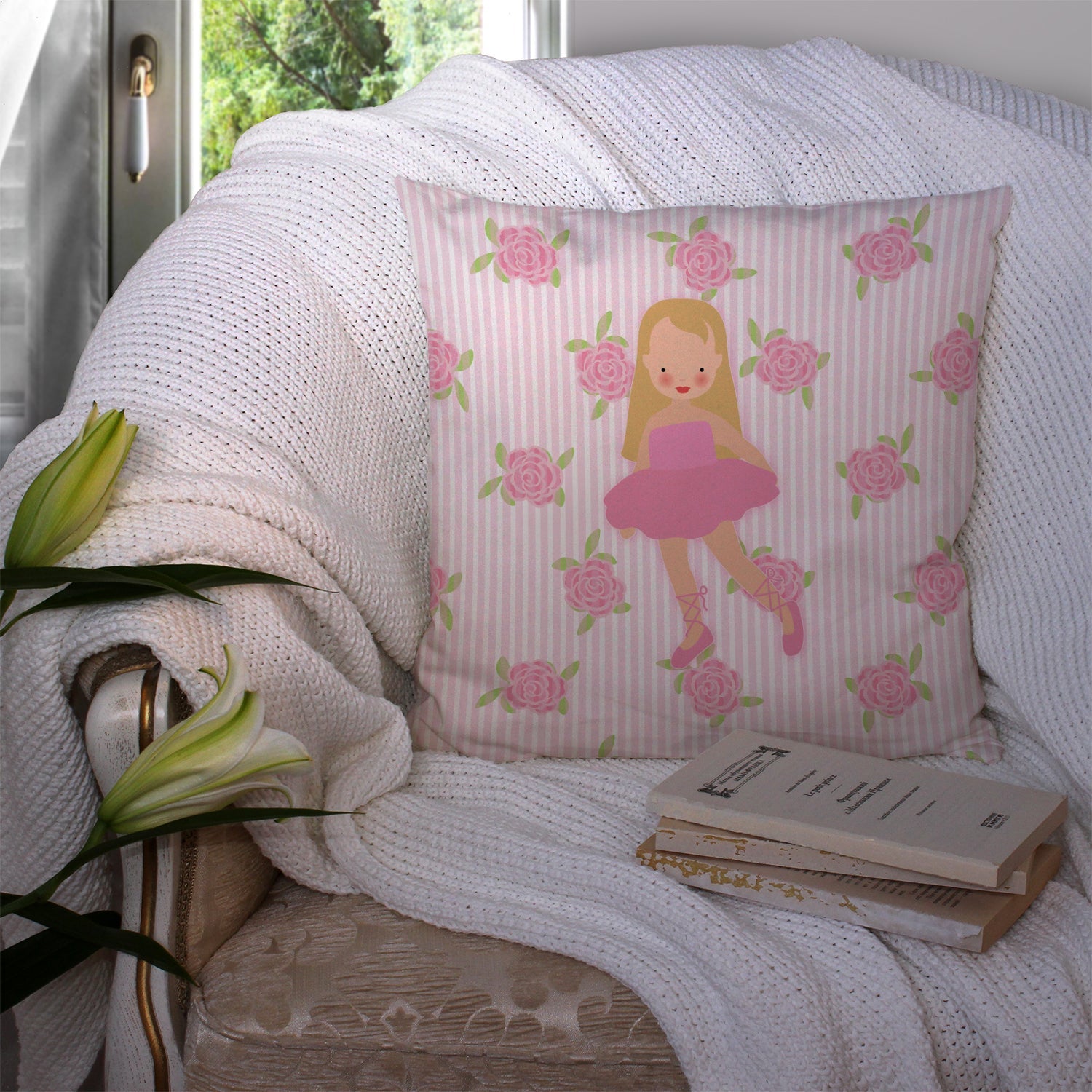 Ballerina Long Haired Blonde Decorative Throw Pillow 14x14 Indoor Outdoor Accent Cushion, Fabric Cover with Insert for Sofa, Bed, Porch & Living Room