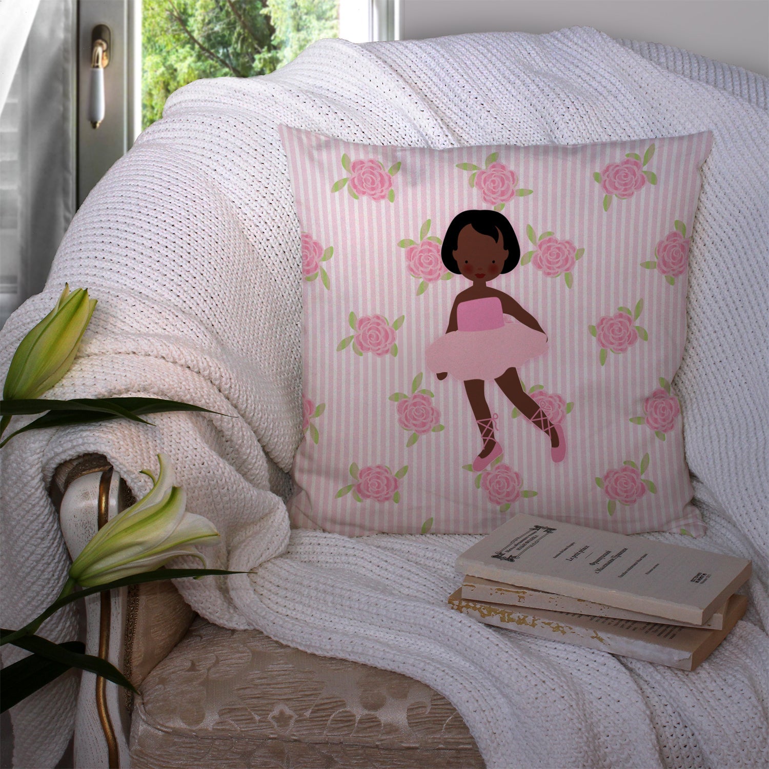 Ballerina African American Short Hair Decorative Throw Pillow 14x14 Indoor Outdoor Accent Cushion, Fabric Cover with Insert for Sofa, Bed, Porch & Living Room