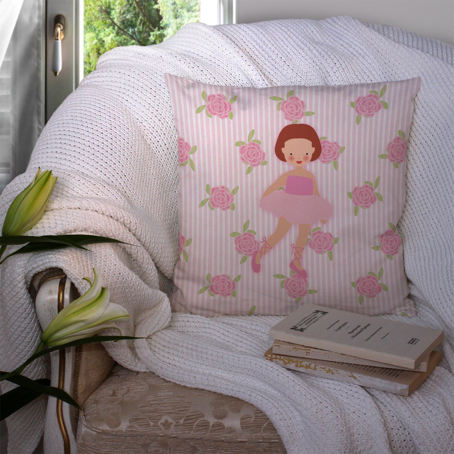 Ballerina Red Short Hair Decorative Throw Pillow 14x14 Indoor Outdoor Accent Cushion, Fabric Cover with Insert for Sofa, Bed, Porch & Living Room