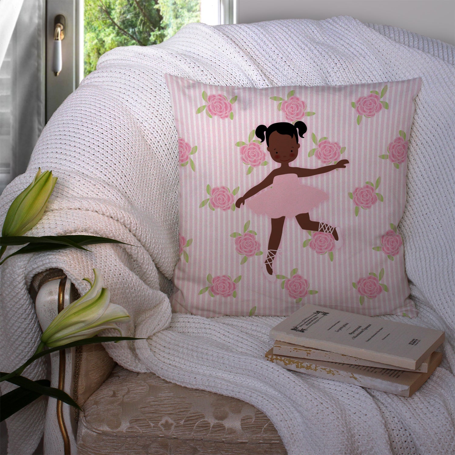 Ballerina African American Ponytails Decorative Throw Pillow 14x14 Indoor Outdoor Accent Cushion, Fabric Cover with Insert for Sofa, Bed, Porch & Living Room