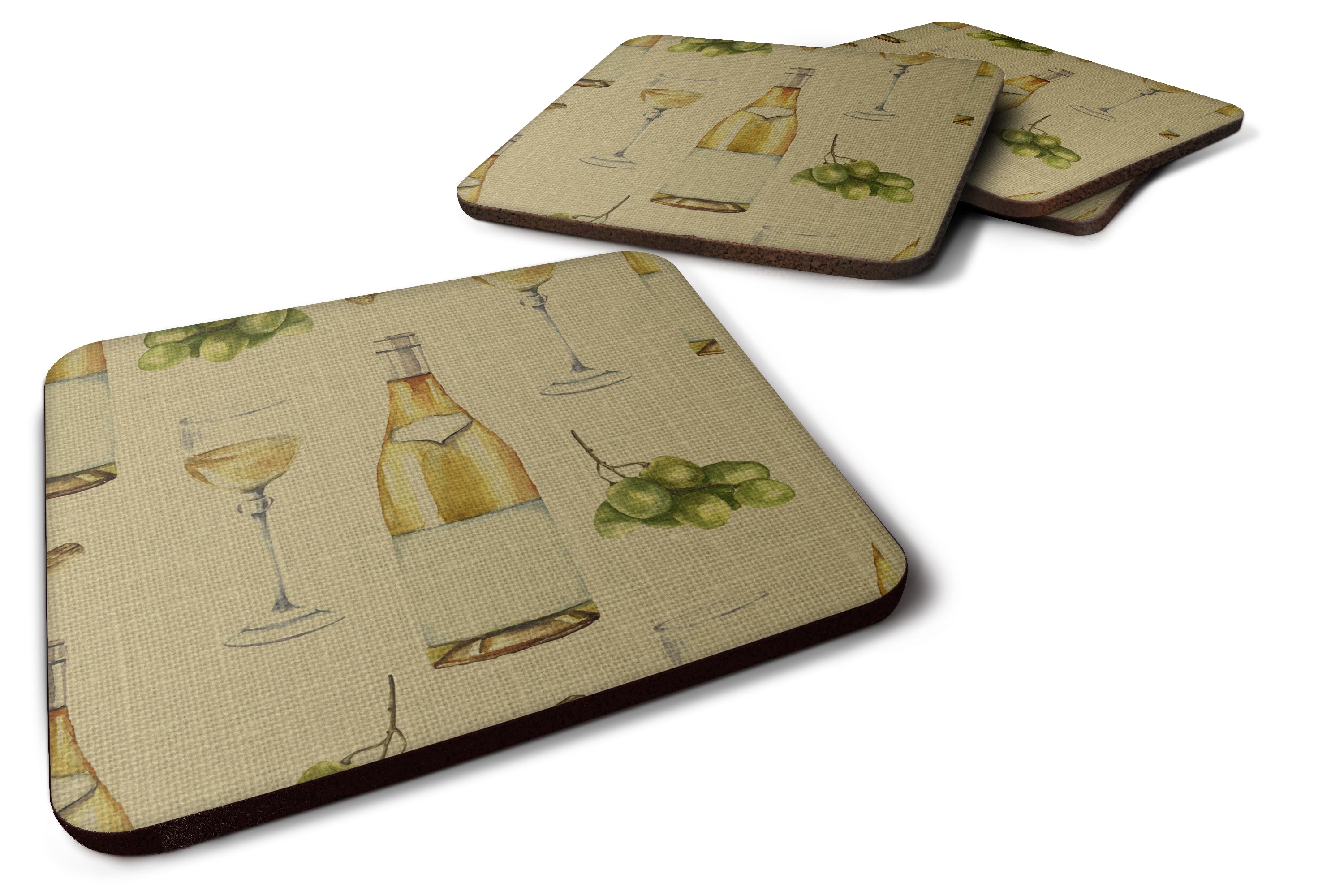 White Wine on Linen Foam Coasters Set of 4 Cup Coasters for Indoor Outdoor, Tabletop Protection, Anti Slip, Mouse pad Material
