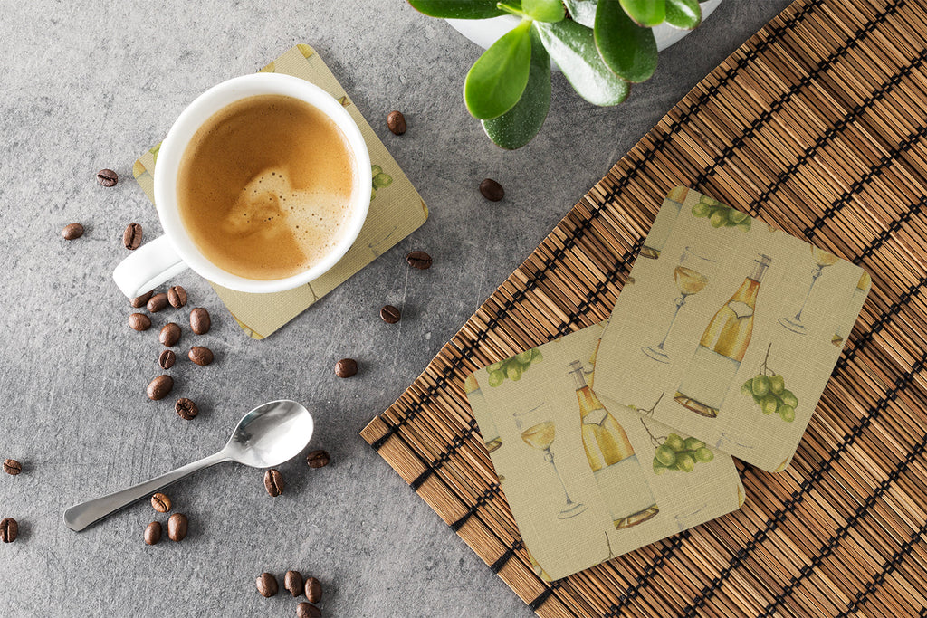 White Wine on Linen Foam Coasters Set of 4 Cup Coasters for Indoor Outdoor, Tabletop Protection, Anti Slip, Mouse pad Material