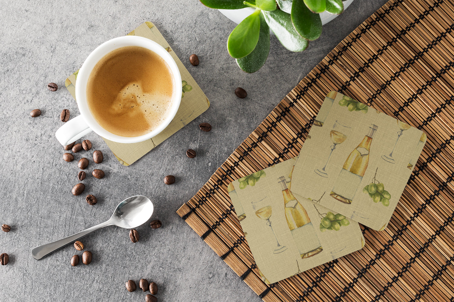White Wine on Linen Foam Coasters Set of 4 Cup Coasters for Indoor Outdoor, Tabletop Protection, Anti Slip, Mouse pad Material