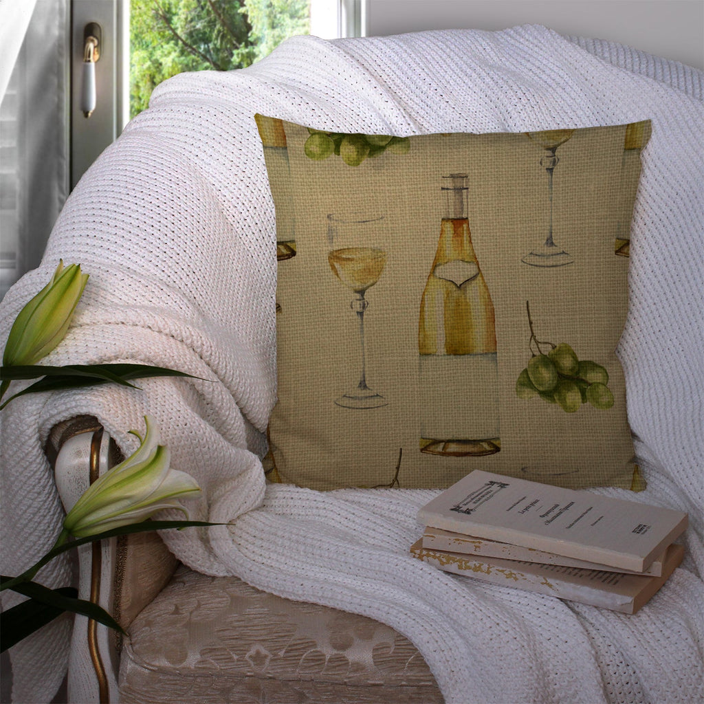 White Wine on Linen Decorative Throw Pillow 14x14 Indoor Outdoor Accent Cushion, Fabric Cover with Insert for Sofa, Bed, Porch & Living Room