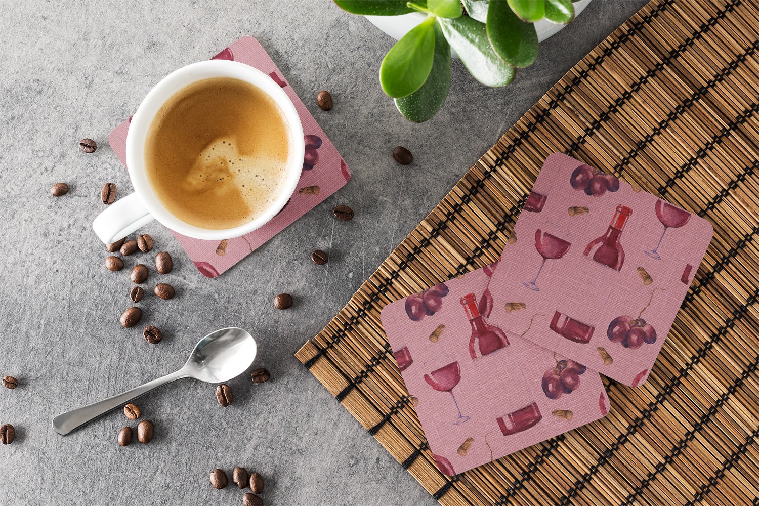 Red Wine on Linen Foam Coasters Set of 4 Cup Coasters for Indoor Outdoor, Tabletop Protection, Anti Slip, Mouse pad Material