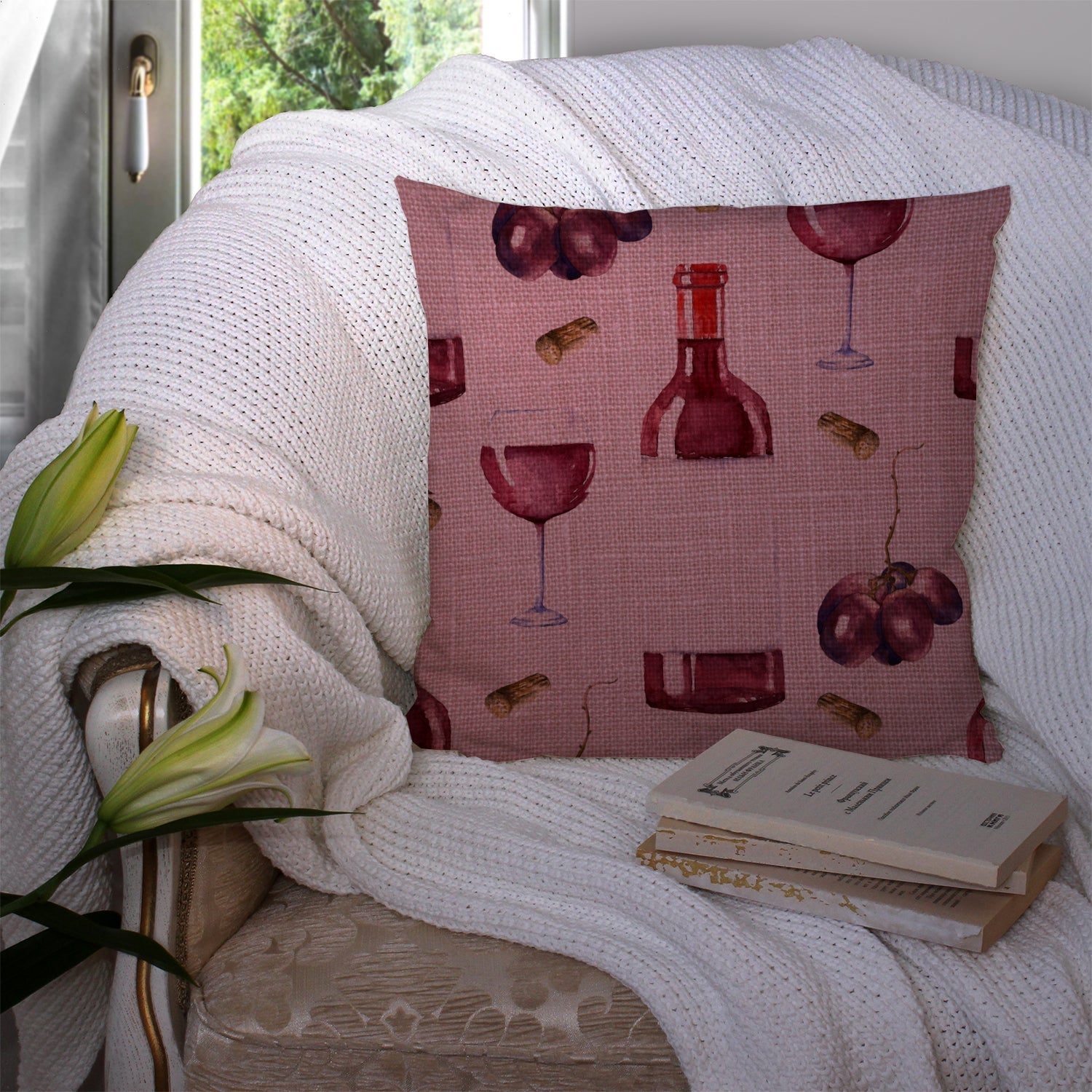 Red Wine on Linen Decorative Throw Pillow 14x14 Indoor Outdoor Accent Cushion, Fabric Cover with Insert for Sofa, Bed, Porch & Living Room