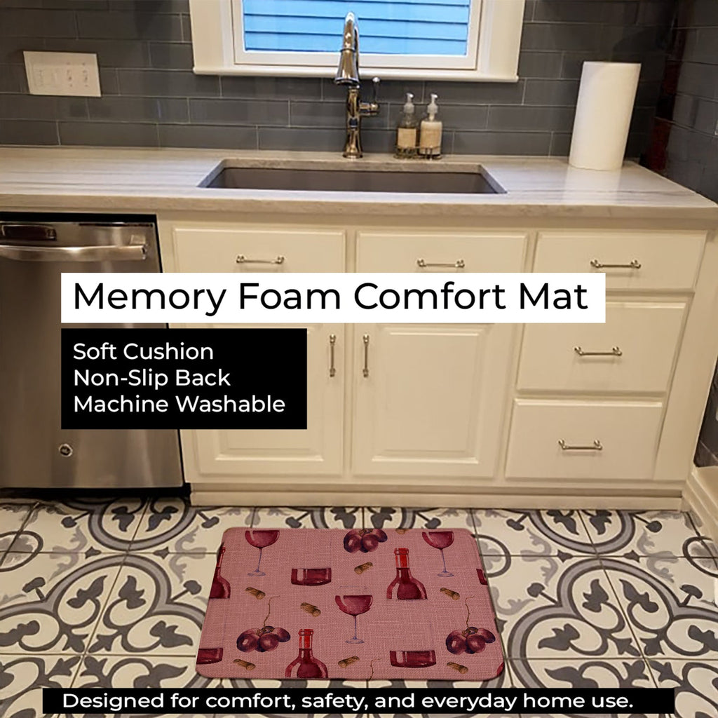 Red Wine on Linen Memory Foam Kitchen Mat Machine Washable Anti-Fatigue Cushion Comfort Bath or Kitchen Rug