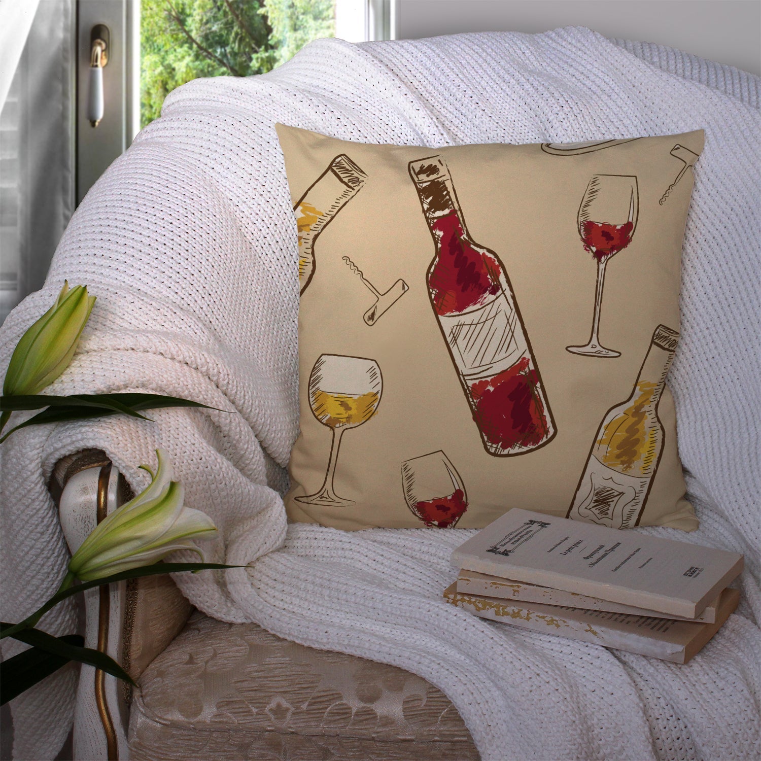 Red and White Wine Decorative Throw Pillow 14x14 Indoor Outdoor Accent Cushion, Fabric Cover with Insert for Sofa, Bed, Porch & Living Room