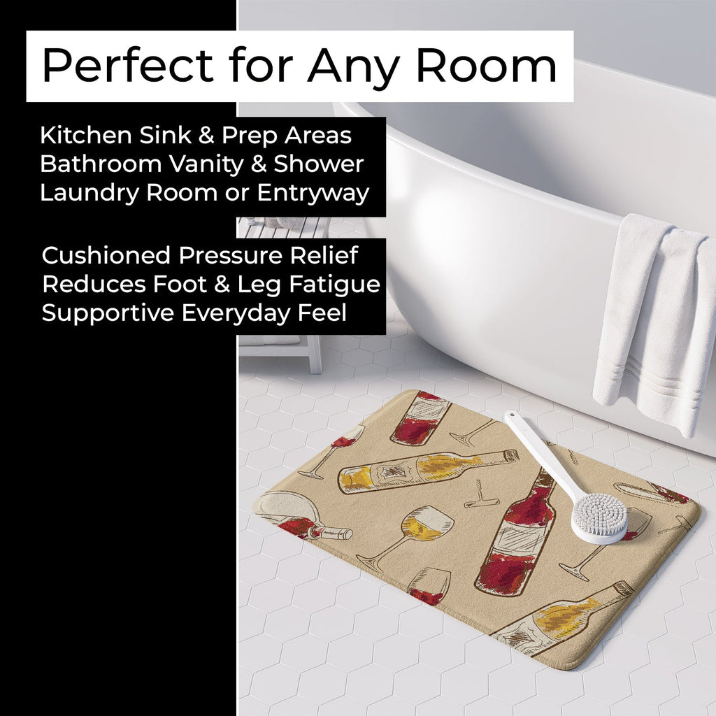 Red and White Wine Memory Foam Kitchen Mat Machine Washable Anti-Fatigue Cushion Comfort Bath or Kitchen Rug