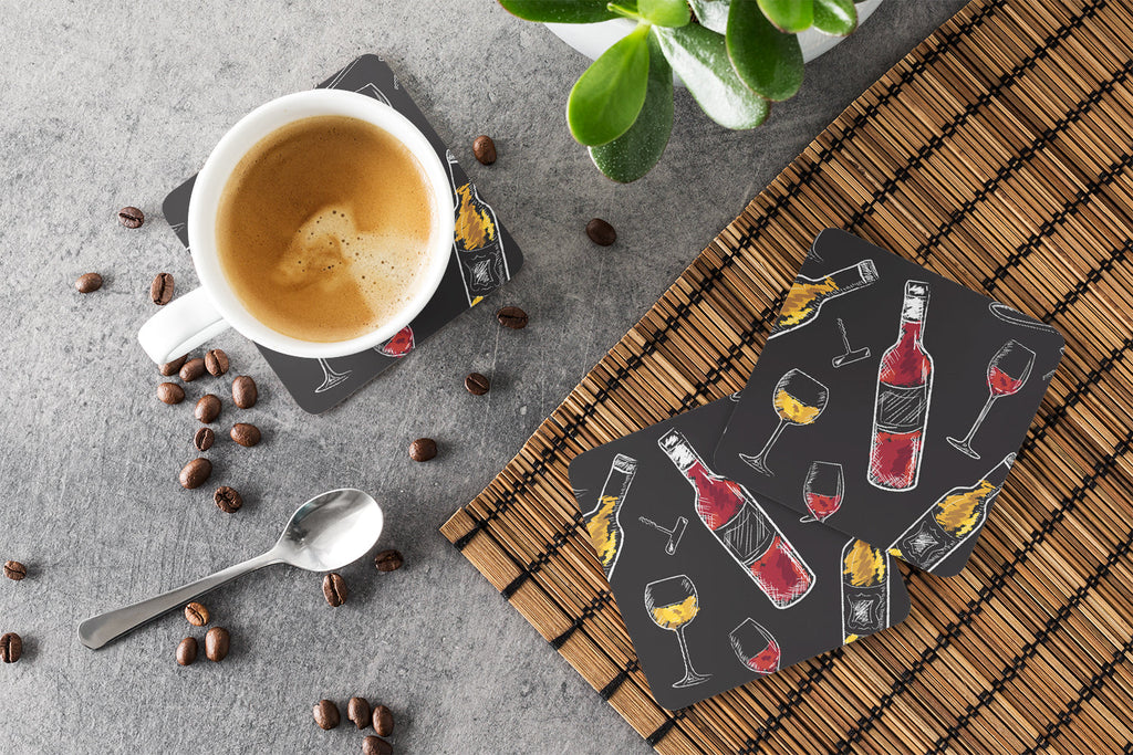 Red and White Wine on Black Foam Coasters Set of 4 Cup Coasters for Indoor Outdoor, Tabletop Protection, Anti Slip, Mouse pad Material