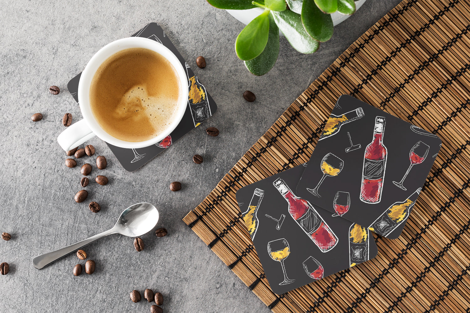 Red and White Wine on Black Foam Coasters Set of 4 Cup Coasters for Indoor Outdoor, Tabletop Protection, Anti Slip, Mouse pad Material