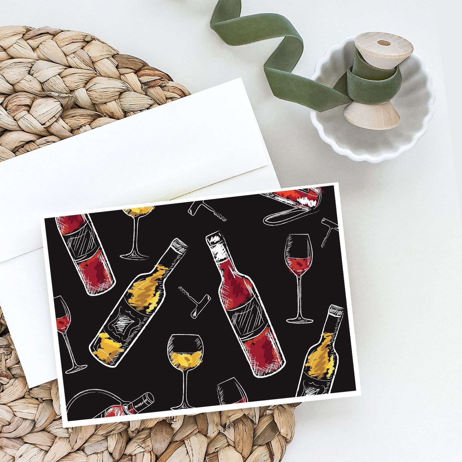 Red and White Wine on Black Greeting Cards Pack of 8 Blank Cards with Envelopes Whimsical A7 Size 5x7