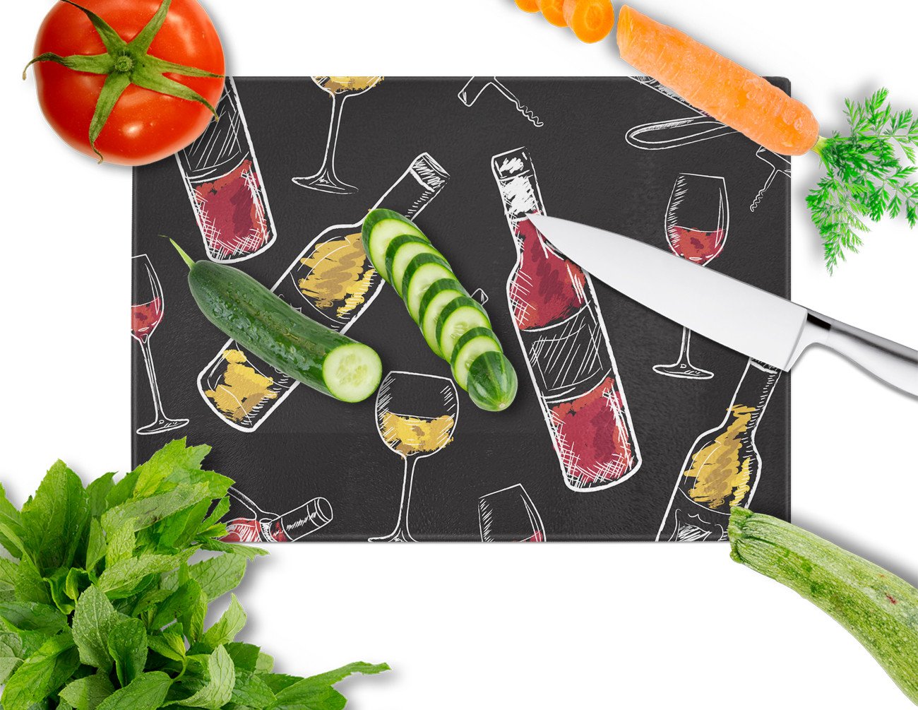 Red and White Wine on Black Cutting Board Tempered Glass Kitchen Cutting Surface, Heat Resistant Chopping, Non-Slip Feet, Food Prep & Serving