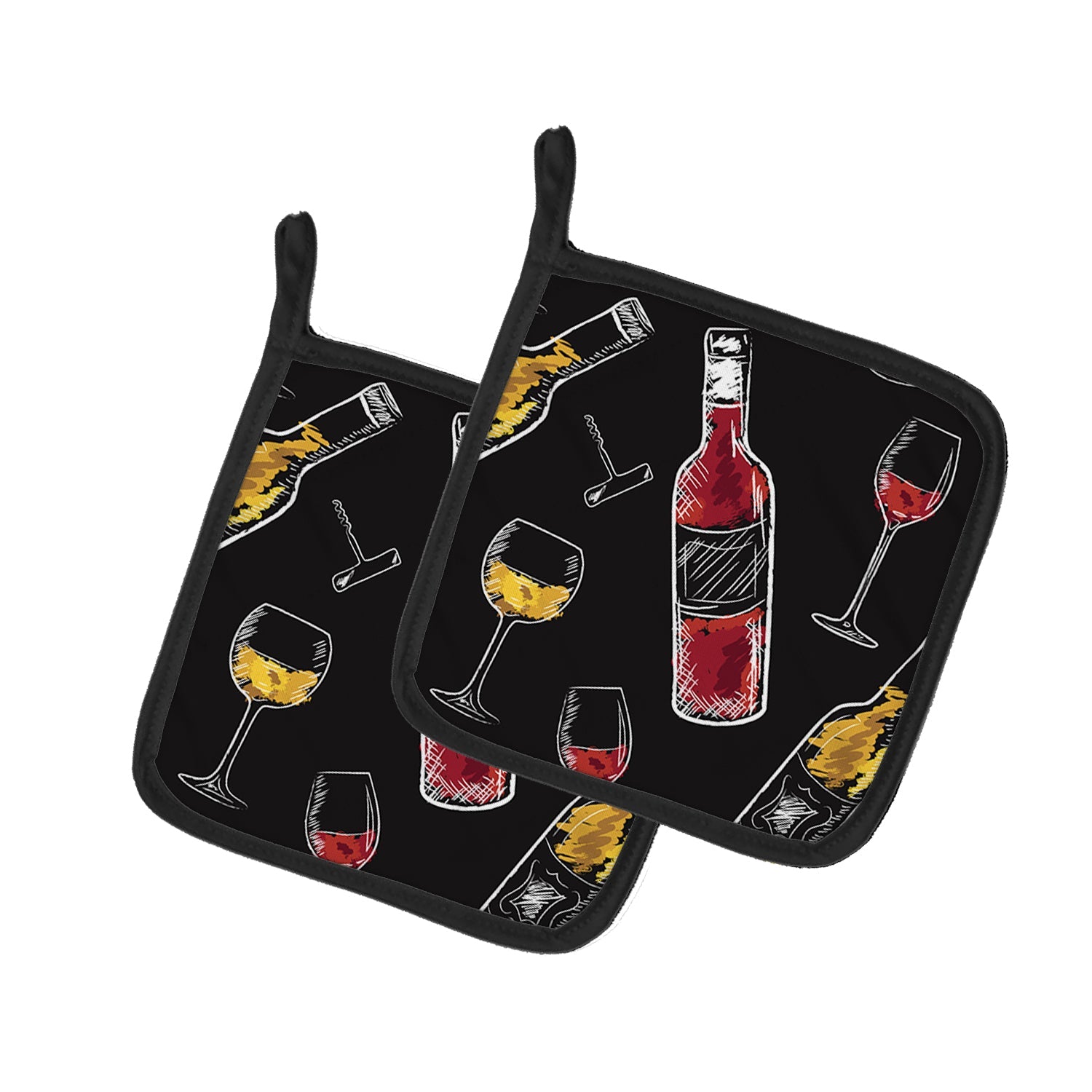 Red and White Wine on Black Pot Holder Set of 2 Heat Resistant Quilted Hot Pads 7.5 x 7.5 Inch, Insulated Kitchen Trivets for Cooking & Baking