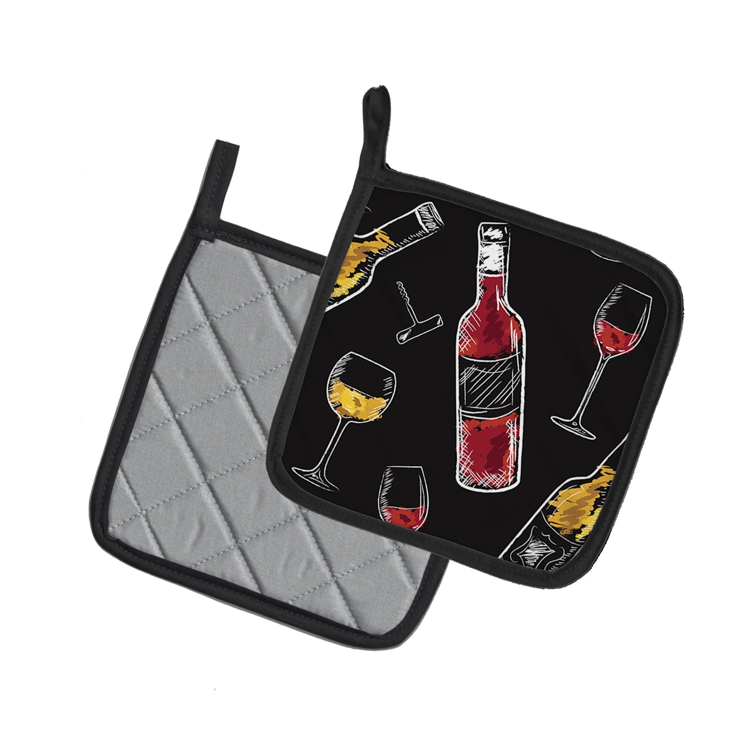 Red and White Wine on Black Pot Holder Set of 2 Heat Resistant Quilted Hot Pads 7.5 x 7.5 Inch, Insulated Kitchen Trivets for Cooking & Baking