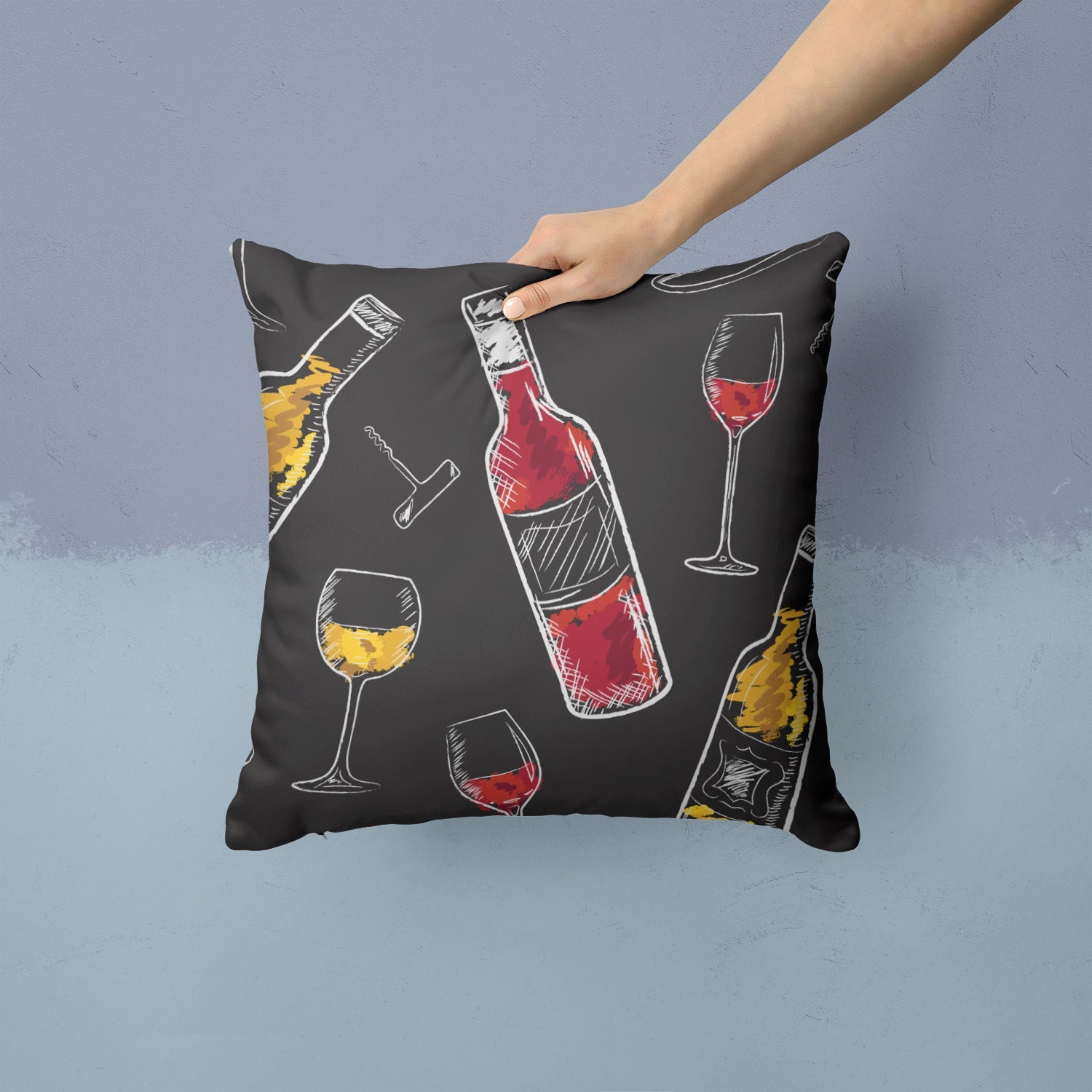 Red and White Wine on Black Decorative Throw Pillow 14x14 Indoor Outdoor Accent Cushion, Fabric Cover with Insert for Sofa, Bed, Porch & Living Room