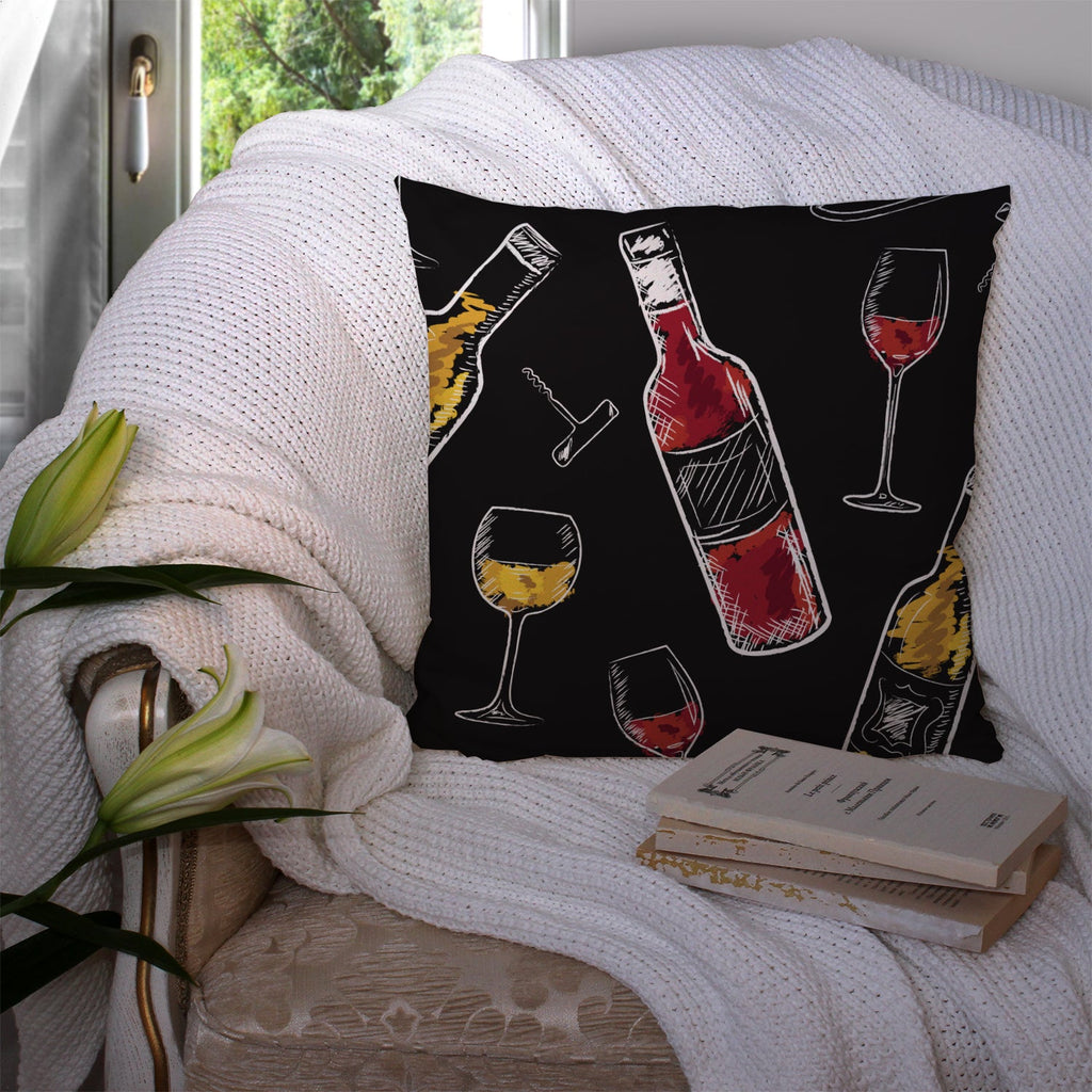 Red and White Wine on Black Decorative Throw Pillow 14x14 Indoor Outdoor Accent Cushion, Fabric Cover with Insert for Sofa, Bed, Porch & Living Room