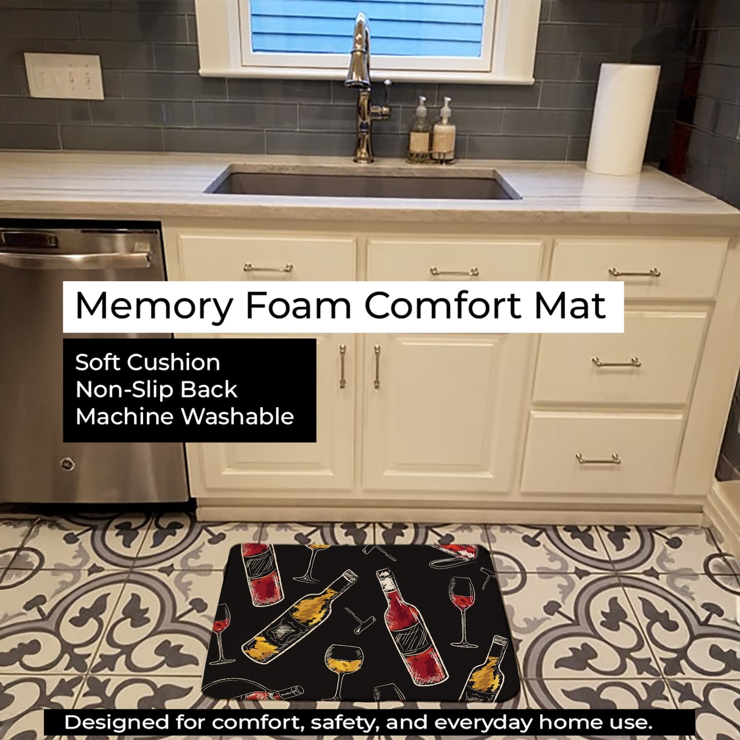 Red and White Wine on Black Memory Foam Kitchen Mat Machine Washable Anti-Fatigue Cushion Comfort Bath or Kitchen Rug