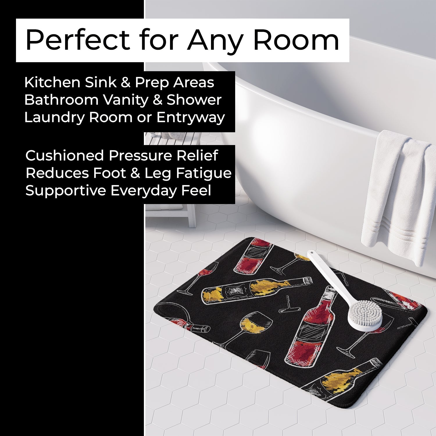 Red and White Wine on Black Memory Foam Kitchen Mat Machine Washable Anti-Fatigue Cushion Comfort Bath or Kitchen Rug