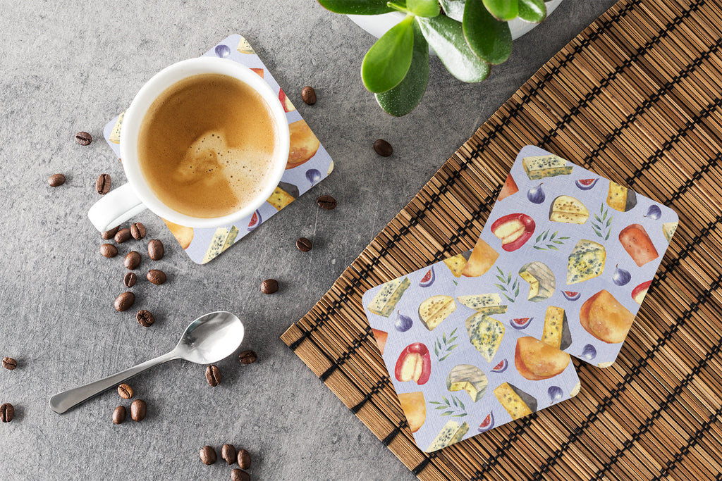 Assortment of Cheeses Foam Coasters Set of 4 Cup Coasters for Indoor Outdoor, Tabletop Protection, Anti Slip, Mouse pad Material