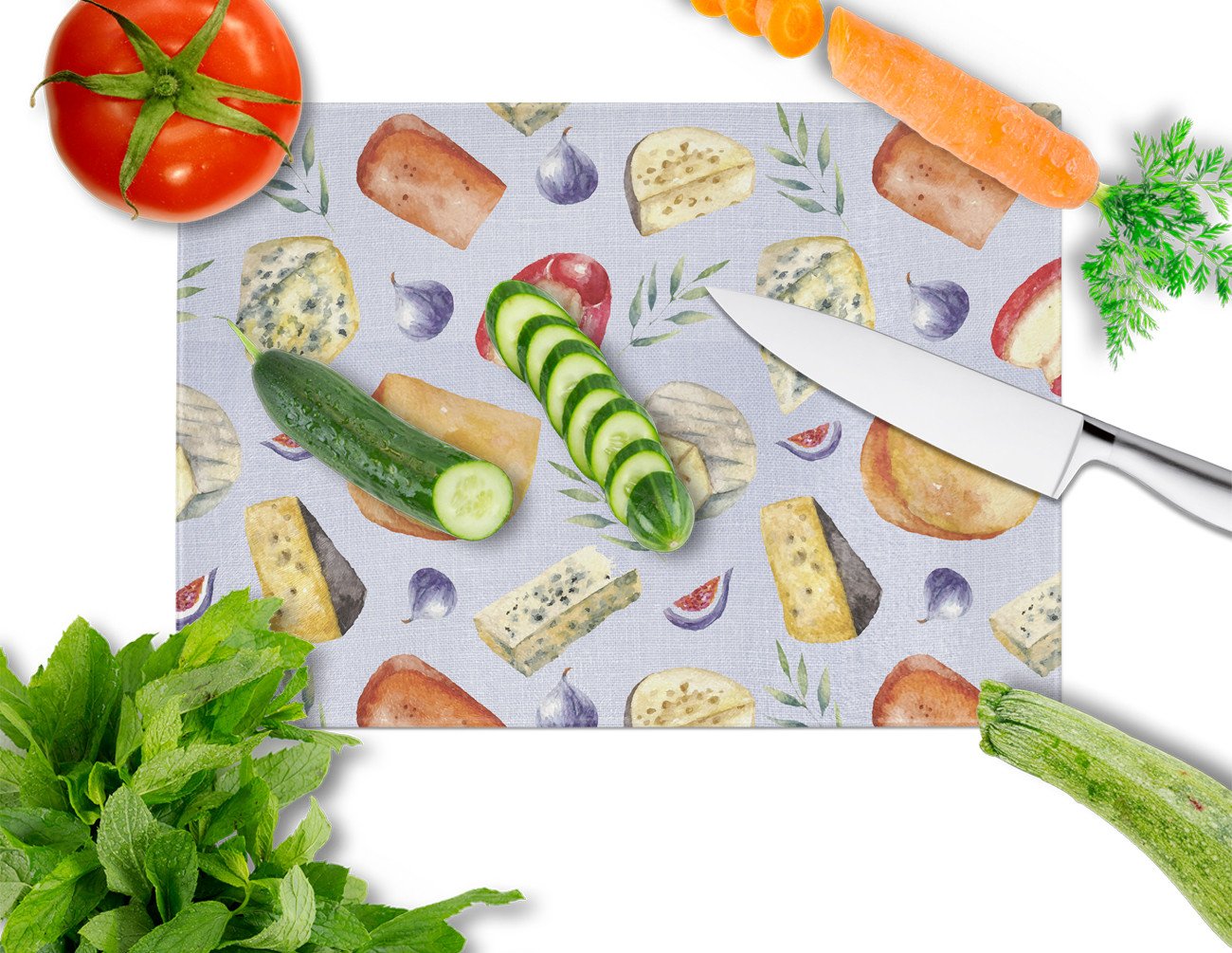 Assortment of Cheeses Cutting Board Tempered Glass Kitchen Cutting Surface, Heat Resistant Chopping, Non-Slip Feet, Food Prep & Serving