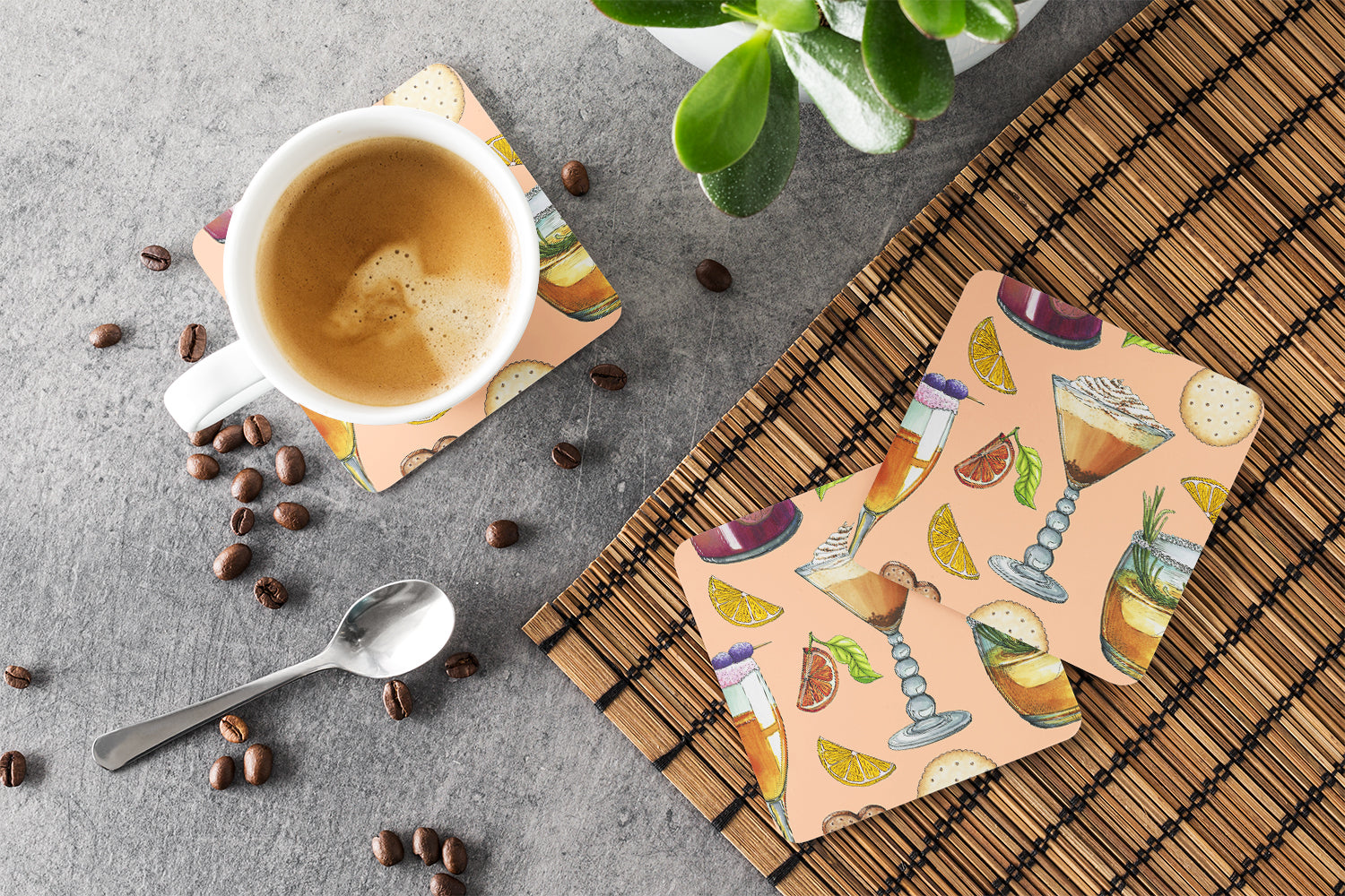 Drinks and Cocktails Peach Foam Coasters Set of 4 Cup Coasters for Indoor Outdoor, Tabletop Protection, Anti Slip, Mouse pad Material