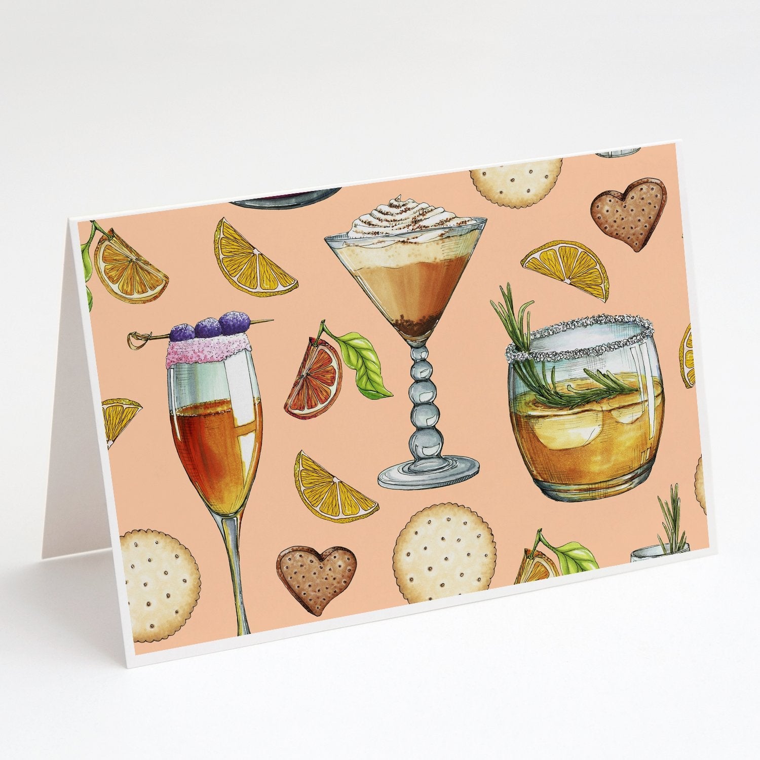 Drinks and Cocktails Peach Greeting Cards Pack of 8 Blank Cards with Envelopes Whimsical A7 Size 5x7