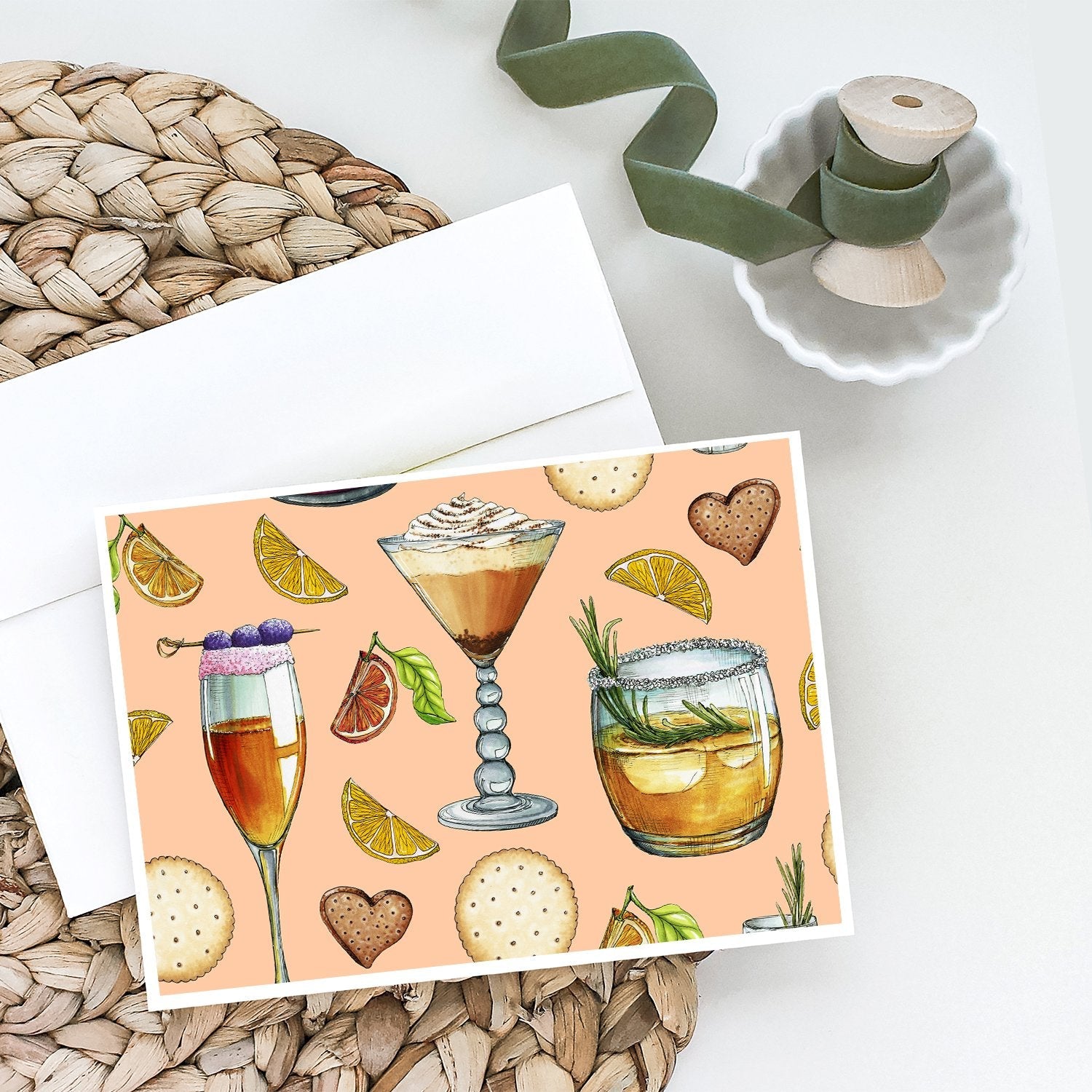 Drinks and Cocktails Peach Greeting Cards Pack of 8 Blank Cards with Envelopes Whimsical A7 Size 5x7