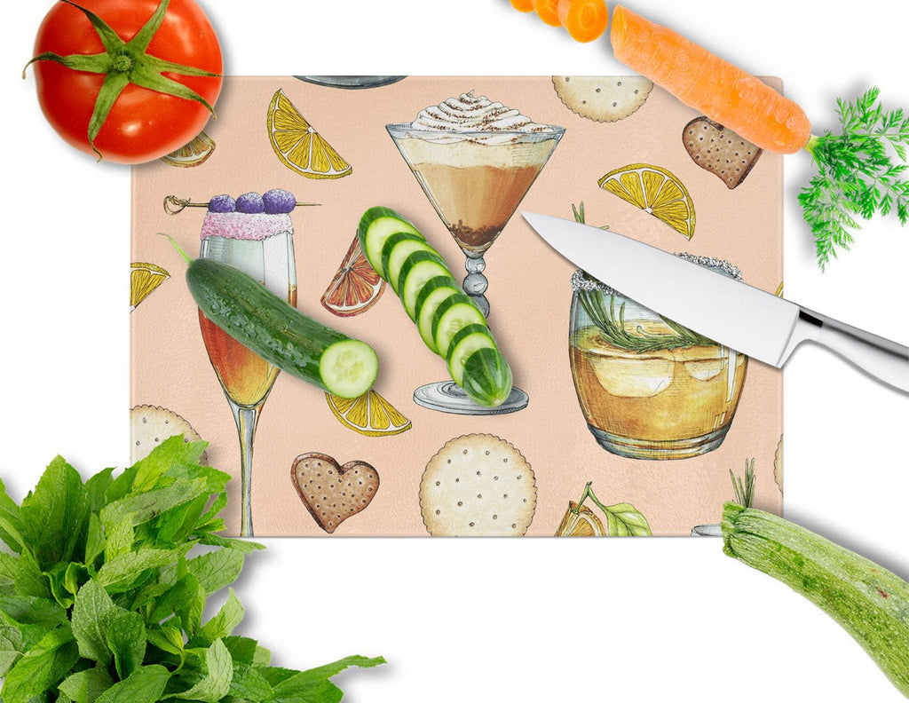 Drinks and Cocktails Peach Cutting Board Tempered Glass Kitchen Cutting Surface, Heat Resistant Chopping, Non-Slip Feet, Food Prep & Serving