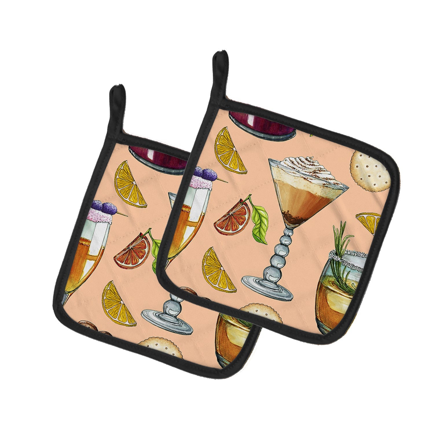 Drinks and Cocktails Peach Pot Holder Set of 2 Heat Resistant Quilted Hot Pads 7.5 x 7.5 Inch, Insulated Kitchen Trivets for Cooking & Baking