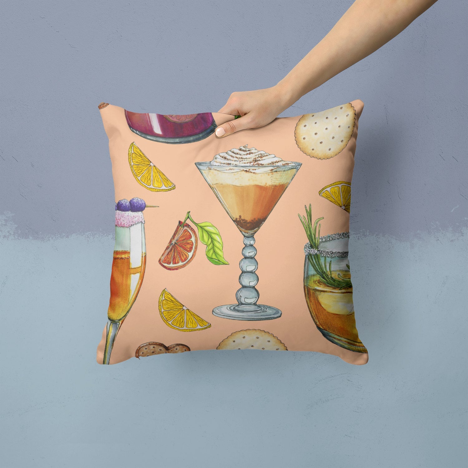 Drinks and Cocktails Peach Decorative Throw Pillow 14x14 Indoor Outdoor Accent Cushion, Fabric Cover with Insert for Sofa, Bed, Porch & Living Room