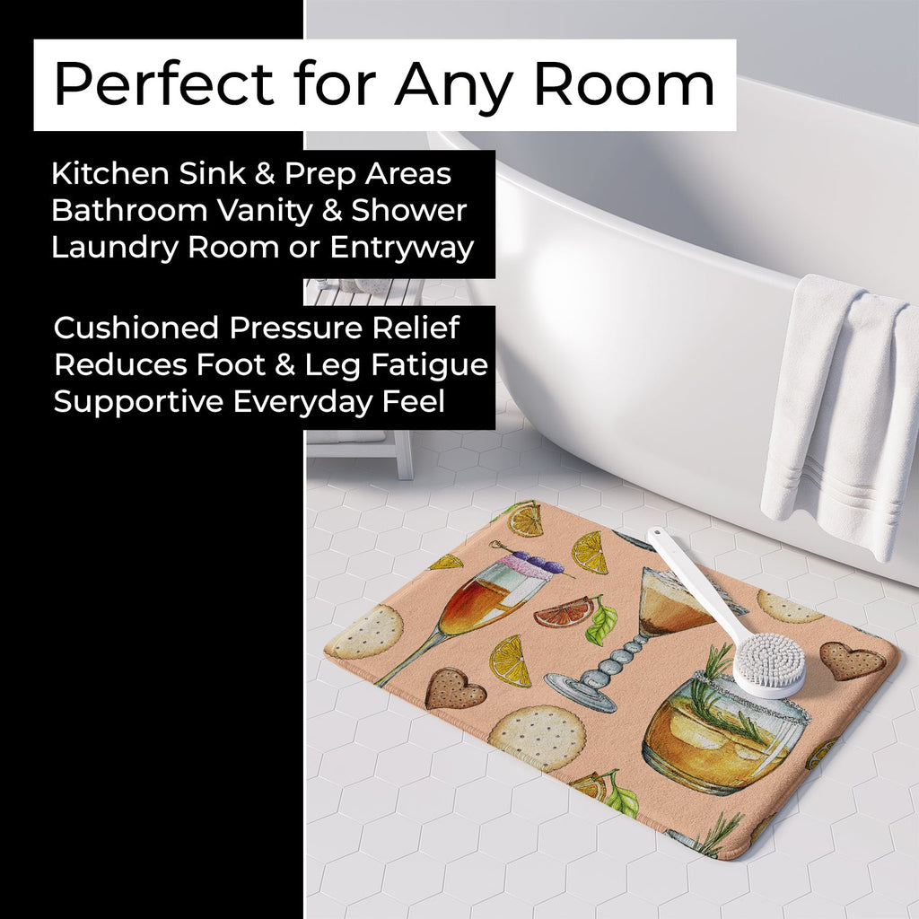 Drinks and Cocktails Peach Memory Foam Kitchen Mat Machine Washable Anti-Fatigue Cushion Comfort Bath or Kitchen Rug
