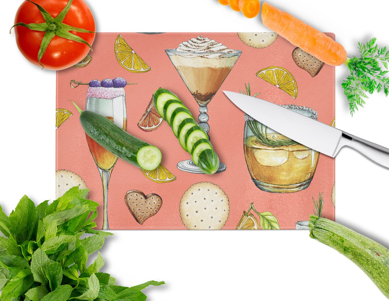 Drinks and Cocktails Salmon Cutting Board Tempered Glass Kitchen Cutting Surface, Heat Resistant Chopping, Non-Slip Feet, Food Prep & Serving
