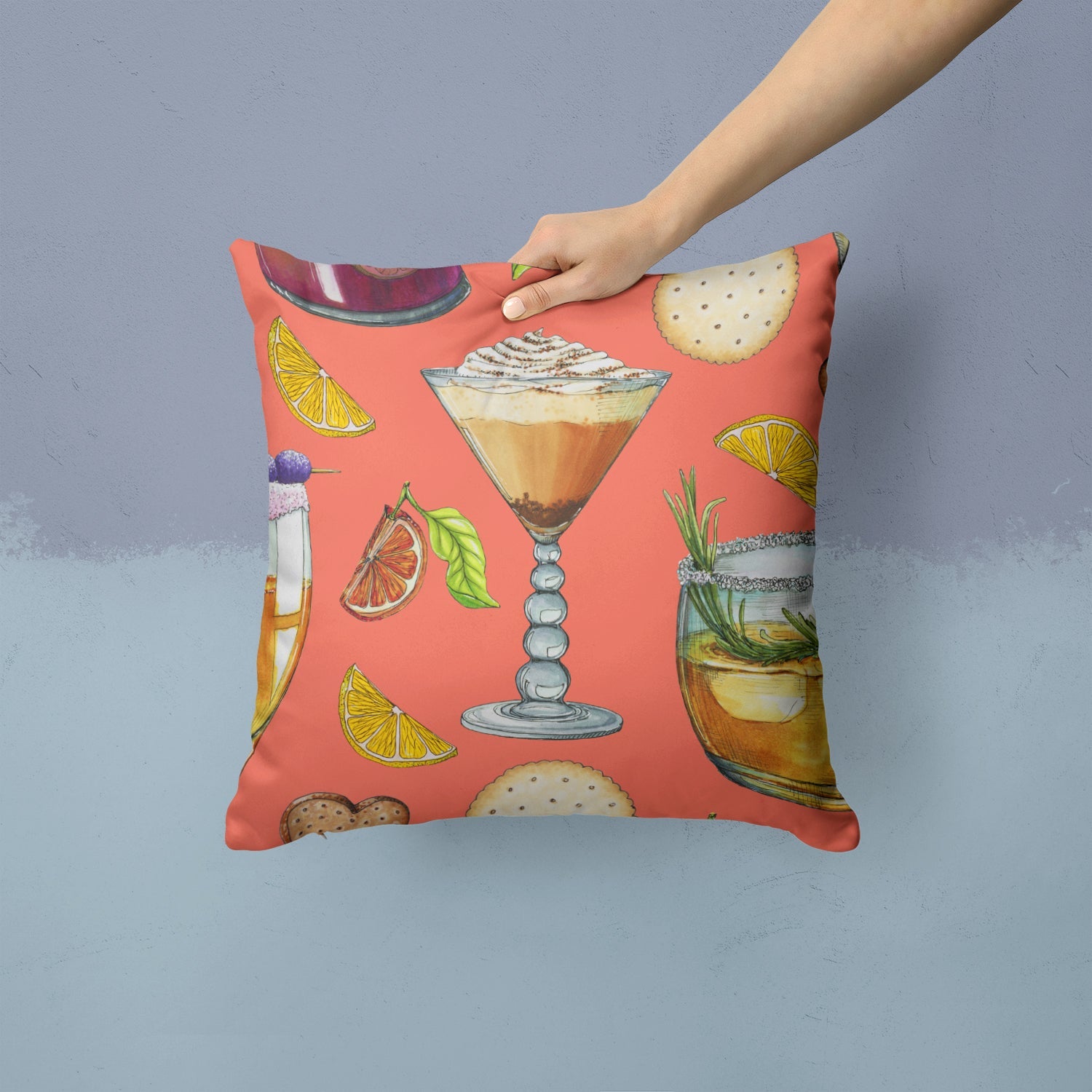Drinks and Cocktails Salmon Decorative Throw Pillow 14x14 Indoor Outdoor Accent Cushion, Fabric Cover with Insert for Sofa, Bed, Porch & Living Room