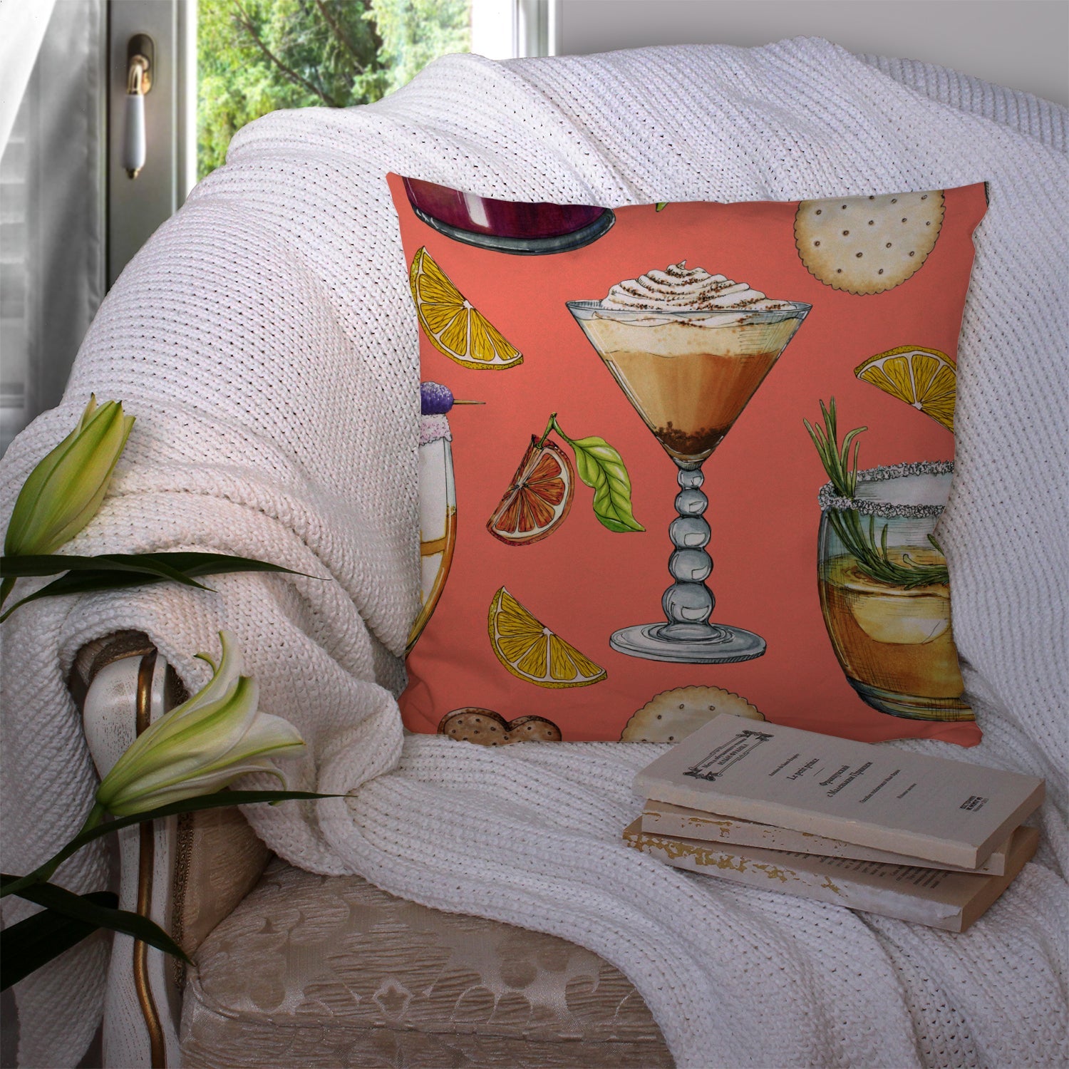 Drinks and Cocktails Salmon Decorative Throw Pillow 14x14 Indoor Outdoor Accent Cushion, Fabric Cover with Insert for Sofa, Bed, Porch & Living Room