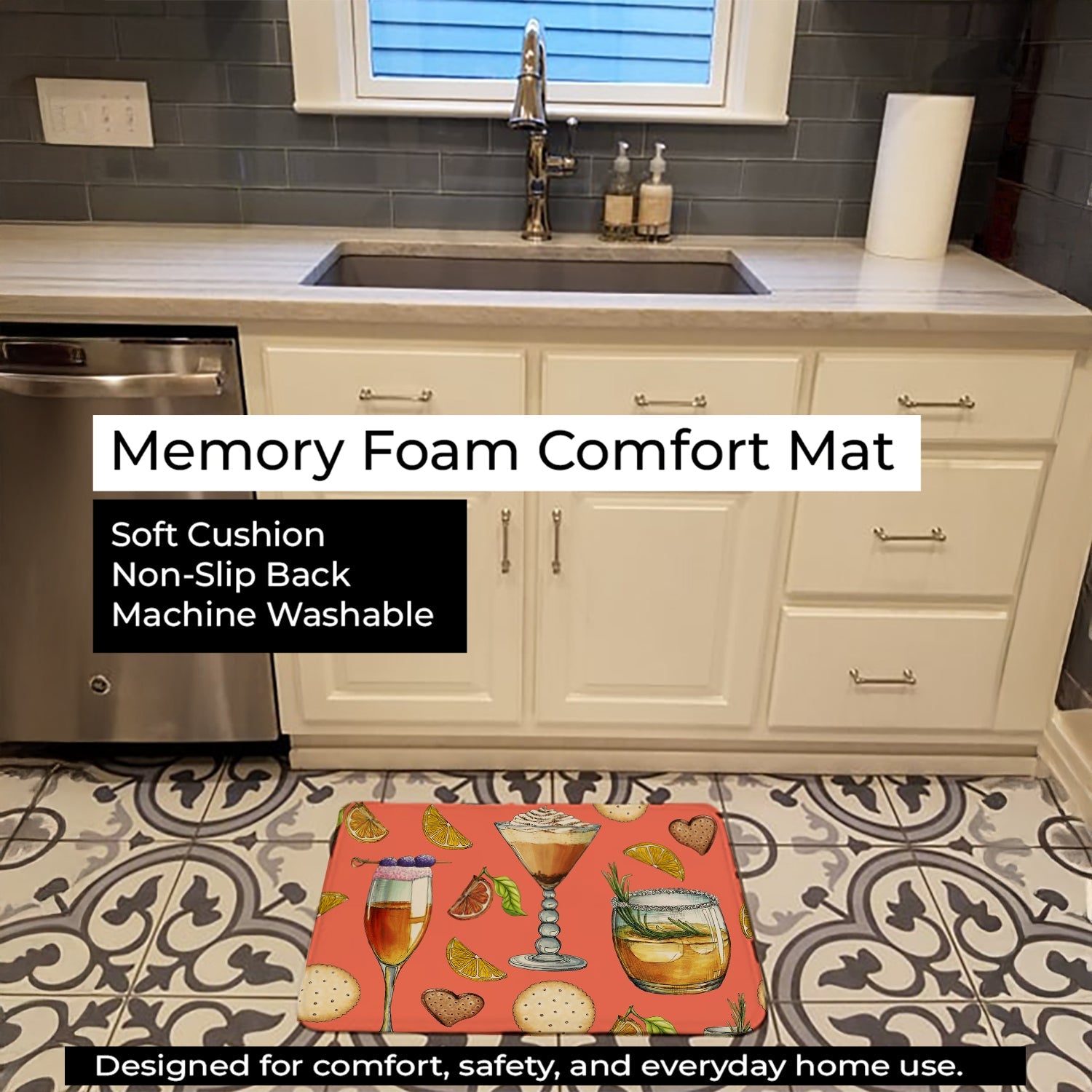Drinks and Cocktails Salmon Memory Foam Kitchen Mat Machine Washable Anti-Fatigue Cushion Comfort Bath or Kitchen Rug
