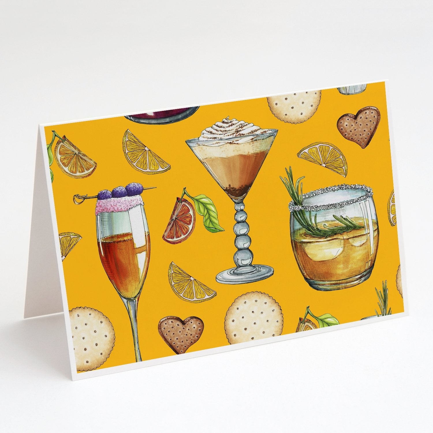 Drinks and Cocktails Gold Greeting Cards Pack of 8 Blank Cards with Envelopes Whimsical A7 Size 5x7