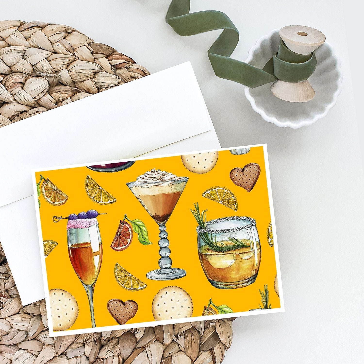 Drinks and Cocktails Gold Greeting Cards Pack of 8 Blank Cards with Envelopes Whimsical A7 Size 5x7