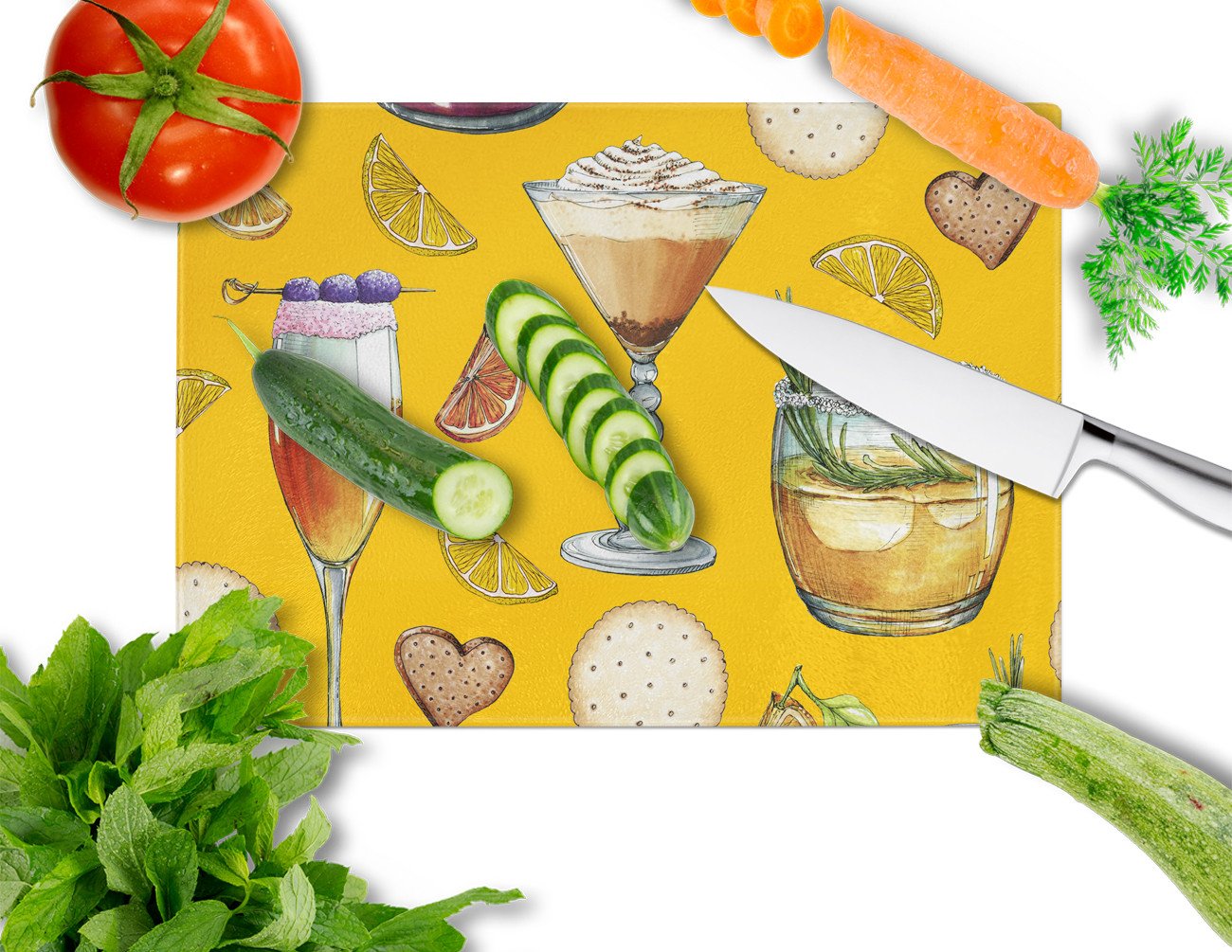 Drinks and Cocktails Gold Cutting Board Tempered Glass Kitchen Cutting Surface, Heat Resistant Chopping, Non-Slip Feet, Food Prep & Serving