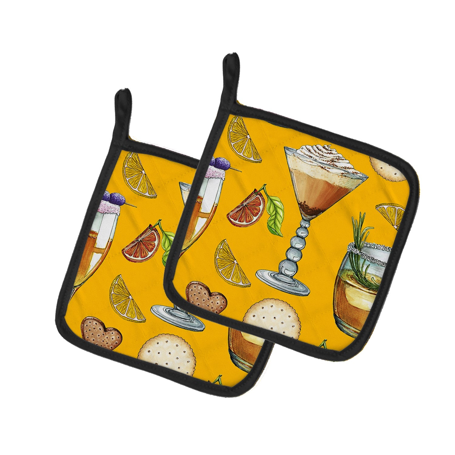 Drinks and Cocktails Gold Pot Holder Set of 2 Heat Resistant Quilted Hot Pads 7.5 x 7.5 Inch, Insulated Kitchen Trivets for Cooking & Baking