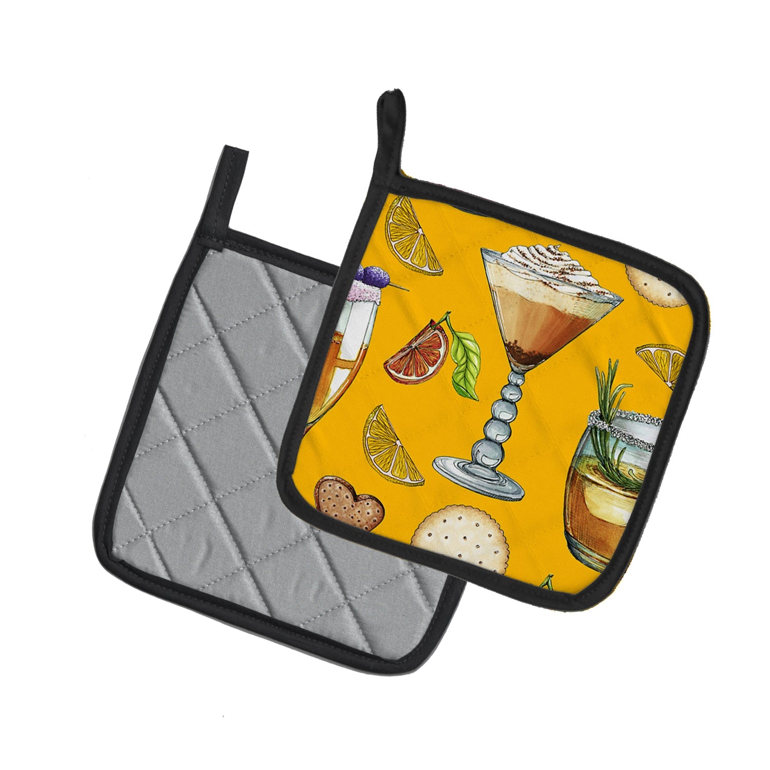 Drinks and Cocktails Gold Pot Holder Set of 2 Heat Resistant Quilted Hot Pads 7.5 x 7.5 Inch, Insulated Kitchen Trivets for Cooking & Baking