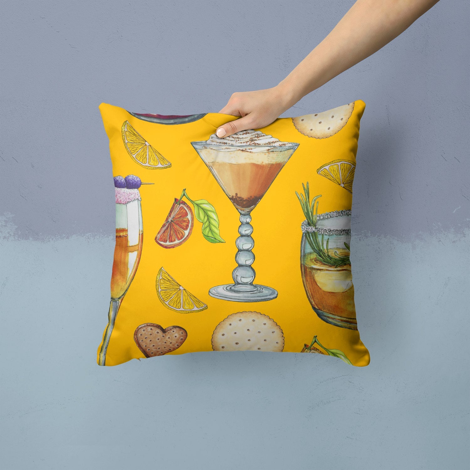 Drinks and Cocktails Gold Decorative Throw Pillow 14x14 Indoor Outdoor Accent Cushion, Fabric Cover with Insert for Sofa, Bed, Porch & Living Room