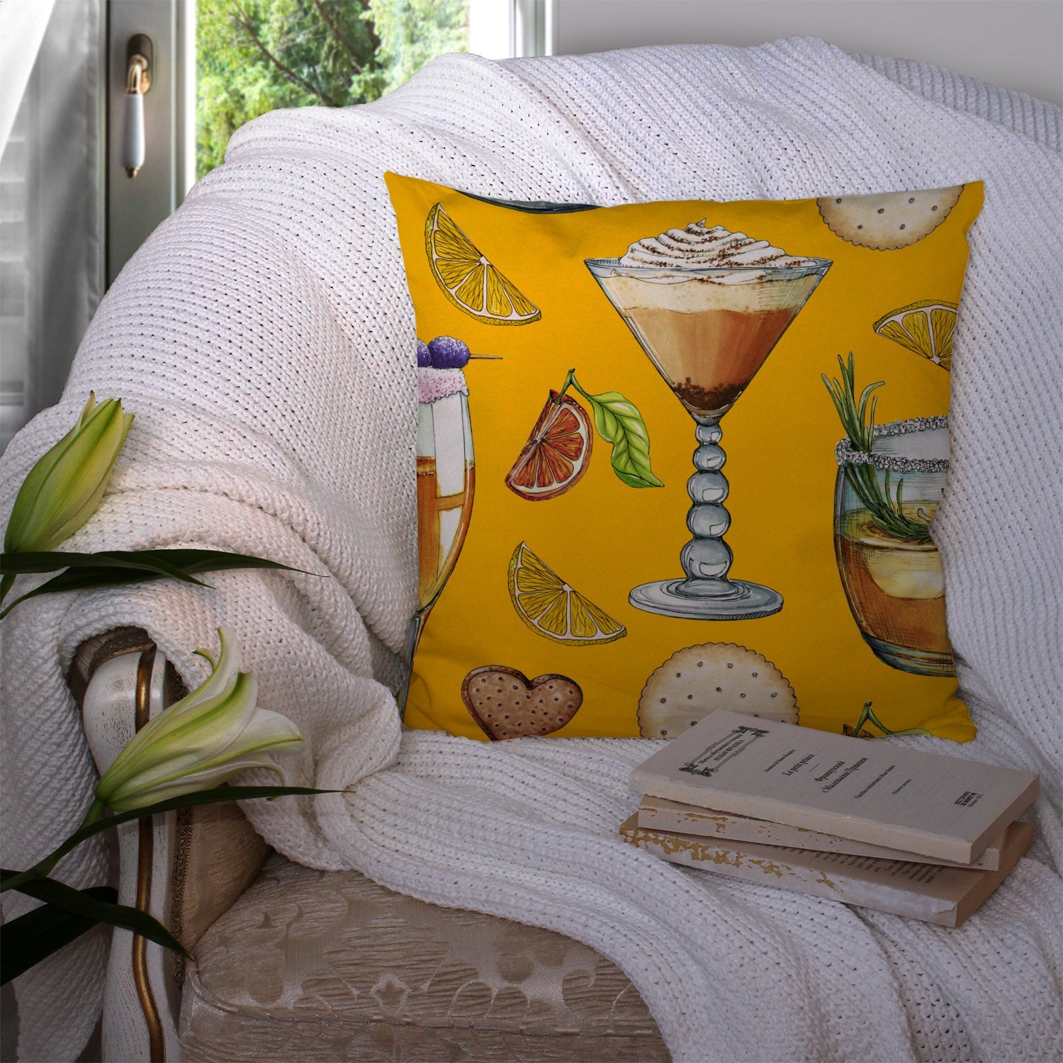 Drinks and Cocktails Gold Decorative Throw Pillow 14x14 Indoor Outdoor Accent Cushion, Fabric Cover with Insert for Sofa, Bed, Porch & Living Room