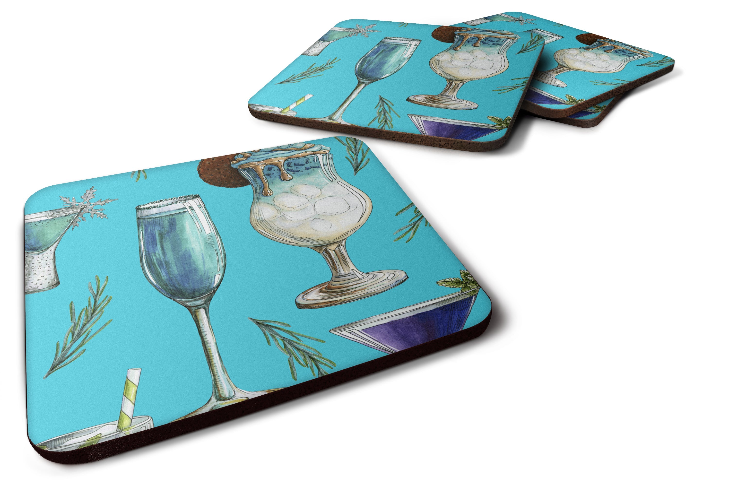 Drinks and Cocktails Blue Foam Coasters Set of 4 Cup Coasters for Indoor Outdoor, Tabletop Protection, Anti Slip, Mouse pad Material
