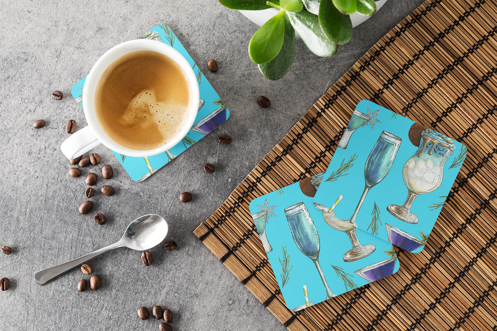 Drinks and Cocktails Blue Foam Coasters Set of 4 Cup Coasters for Indoor Outdoor, Tabletop Protection, Anti Slip, Mouse pad Material