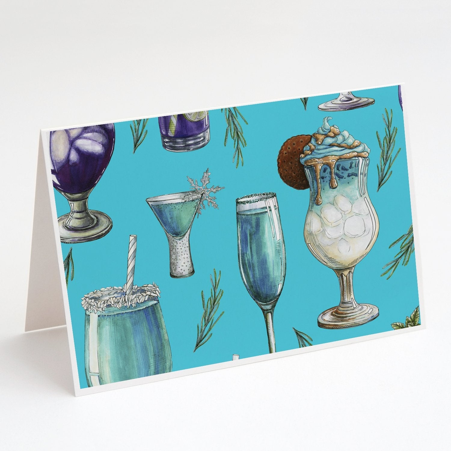 Drinks and Cocktails Blue Greeting Cards Pack of 8 Blank Cards with Envelopes Whimsical A7 Size 5x7