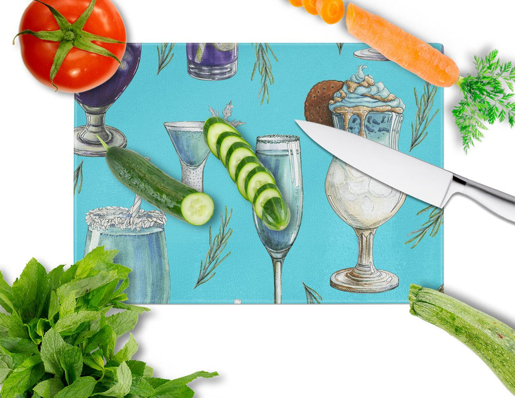 Drinks and Cocktails Blue Cutting Board Tempered Glass Kitchen Cutting Surface, Heat Resistant Chopping, Non-Slip Feet, Food Prep & Serving