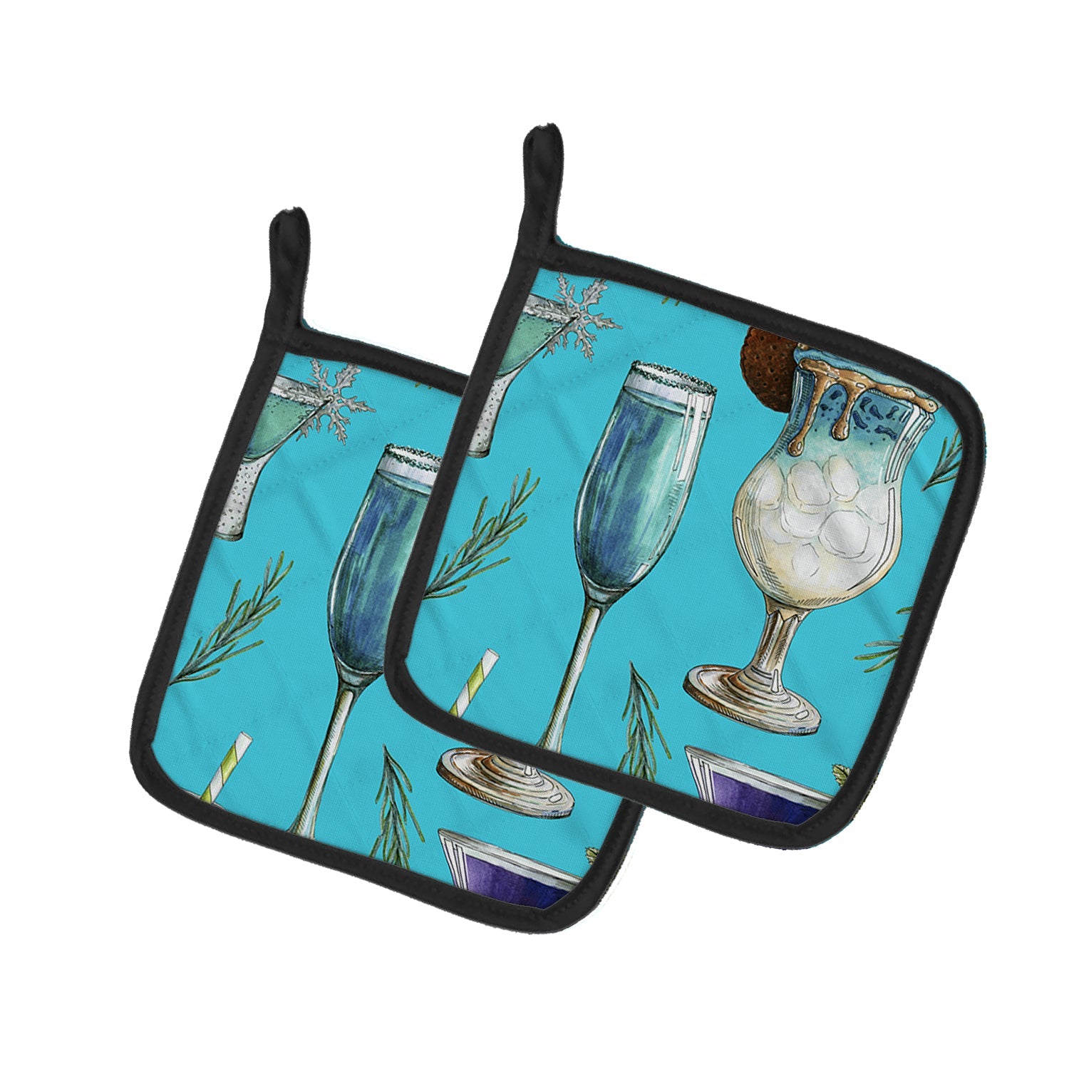 Drinks and Cocktails Blue Pot Holder Set of 2 Heat Resistant Quilted Hot Pads 7.5 x 7.5 Inch, Insulated Kitchen Trivets for Cooking & Baking